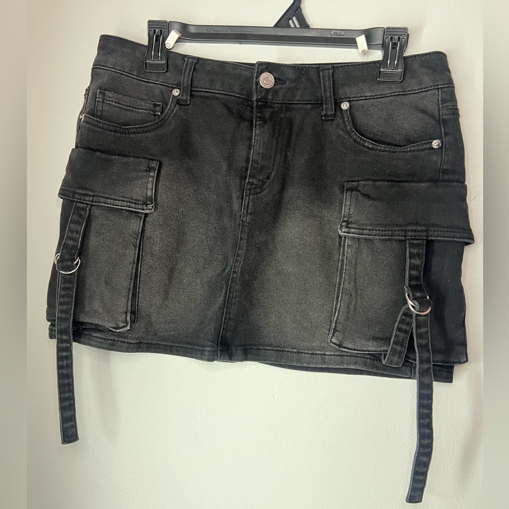 Black Denim Cargo Mini Skirt